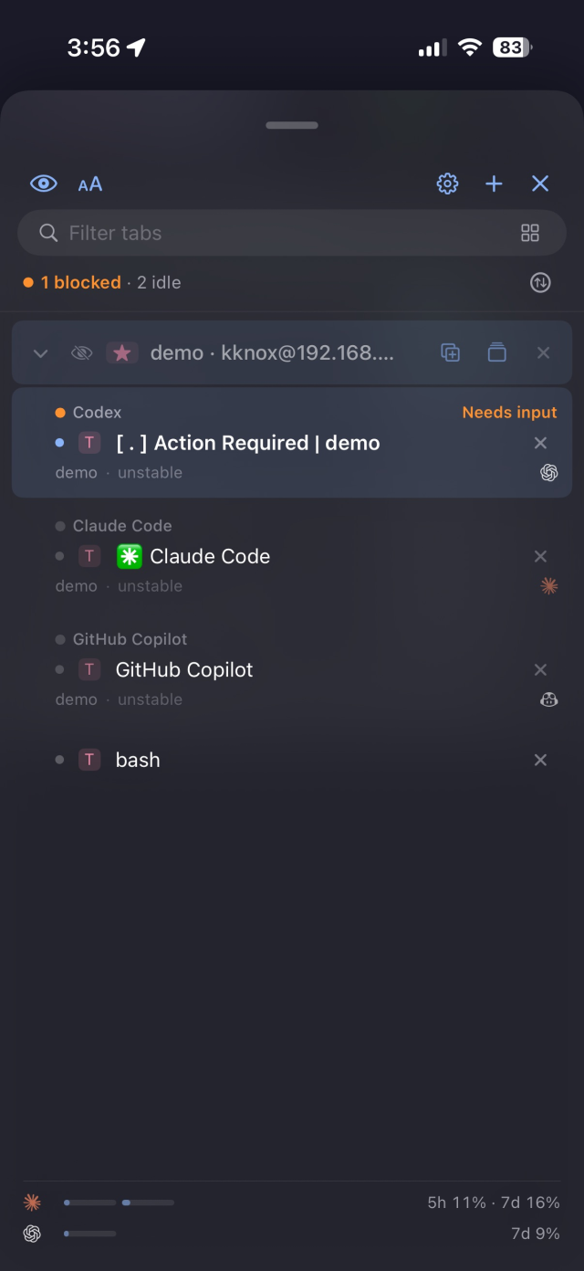 rootshell agent inbox on iPhone listing the same Codex, Claude Code, GitHub Copilot, and bash sessions
