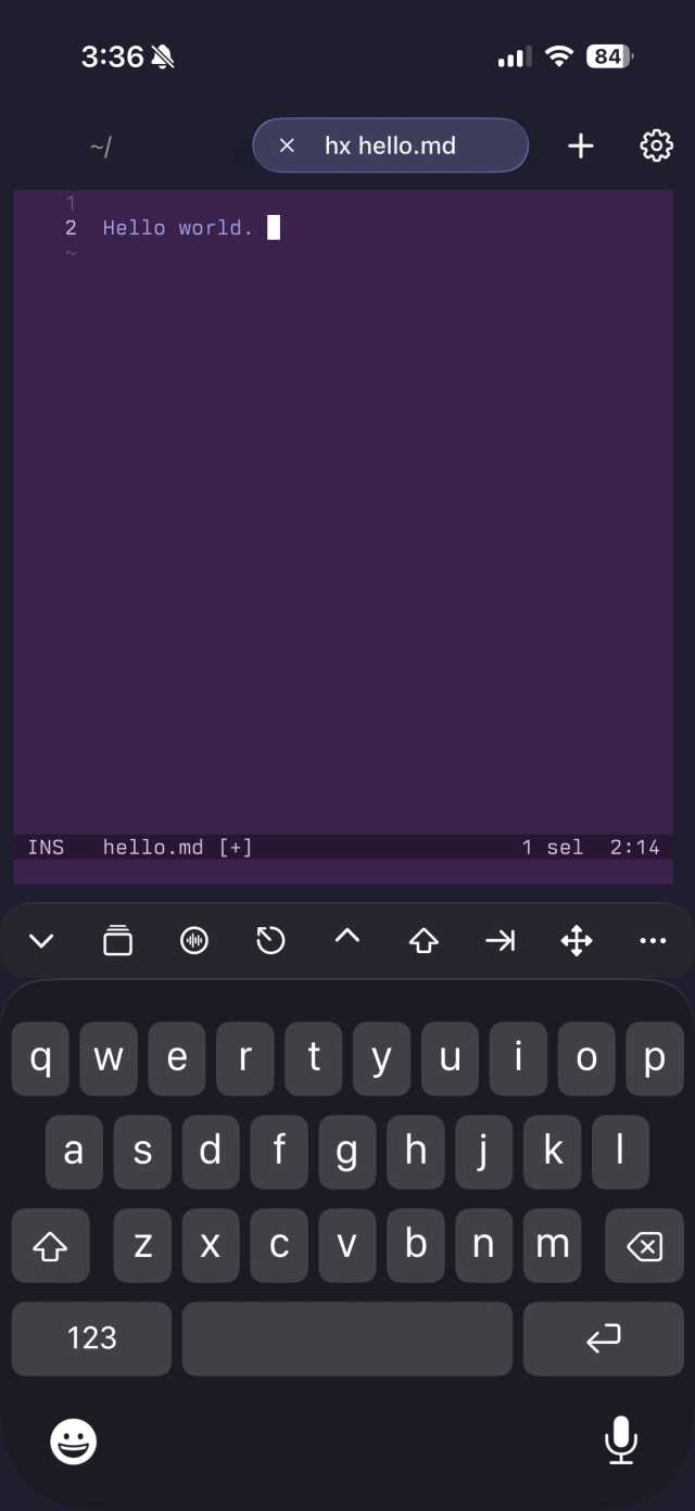 Helix editing a markdown file in rootshell on iPhone